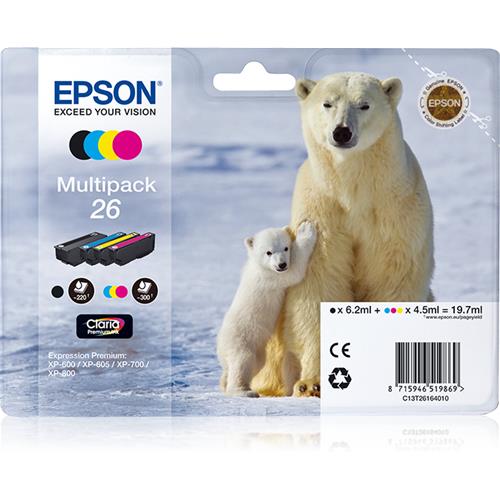 EPSON Materiale di consumo: Cartucce di inchiostro, Inchiostri Claria Premium, 26, Orso polare, Multipack, 1 x 6,2ÿmlÿNero, 1 x 4,5ÿmlÿGiallo, 1 x 4,5ÿmlÿCiano, 1 x - C13T26164010