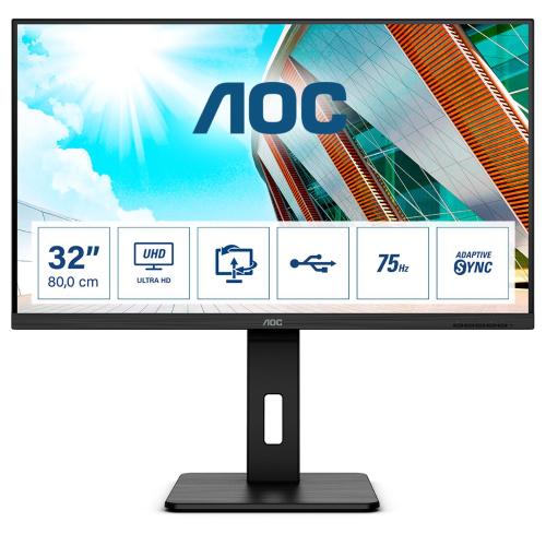 Monitor,AOC,31,5,16:9,VA,3840x2160,350cd,3000:1,50m:1,4x USB 3.2 ,.0x D-SUB,.0x DVI,2 X 2.0x HDMI,1 x 1.2Displayport,SPEAKERS Si, Si Si,,Pivot no,Curved no,Regolabile in altezza 150mm,Black,BEZEL 3-sided frameless