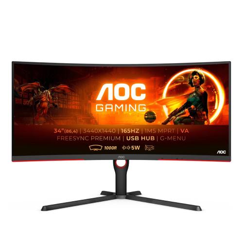 Monitor,AOC,34,21:9,VA,3440x1440,300cd,3000:1,80M:1,4x USB 3.2 ,.0x D-SUB,.0x DVI,2 x 2.0x HDMI,1 x 1.4Displayport,SPEAKERS Si, Si Si,,Pivot no,Curved 1000R,Regolabile in altezza 130mm,Black/Red,BEZEL 3-sided frameless