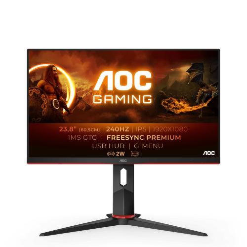 Monitor,AOC,23,8,16:9,IPS,1920x1080,350cd,1000:1,80M:1,4x USB 3.2 ,.0x D-SUB,.0x DVI,2 x 2.0x HDMI,1 x 1.2Displayport,SPEAKERS Si, Si Si,,Pivot Si,Curved no,Regolabile in altezza 130mm,Black/Red,BEZEL 3-sided frameless