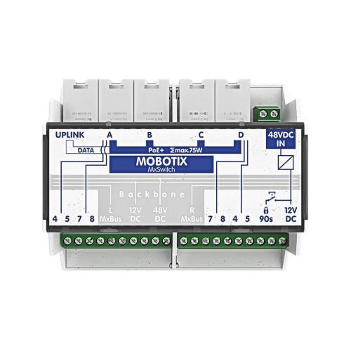 MOBOTIX MX-SWITCH1- PoE+ Switch for the top-hat rail, 5x RJ45 port with 100 MBit/s (1x uplink, 4x PoE+ with max. 75 W), Supply: 48 V DC, max. 75 W, MxBus, anti-theft protection - PROMO FINO AD ESAURIMENTO SCORTE