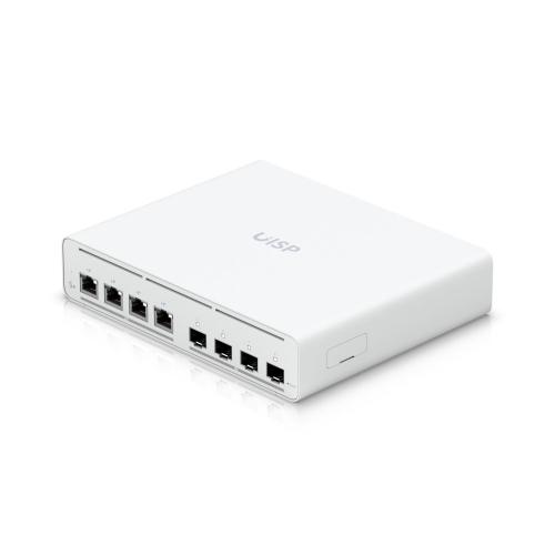 Ubiquiti - UISP-S-Plus-EU - Switch for ISP application with (4) 2.5 GbE RJ45 ports with 27V passive PoE output, (4) 10G SFP+ ports, 60W (27V) total PoE availability*, 20W/port (2-pair) / 40W/port (4-pair), Port isolation, speed limiting, and DHCP snooping