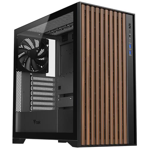CASE ITEK TOWER "Case WOODY" Gaming Tower 2*USB3,1*USB-C 3*12cm fan ARGB, Temp Glass Side Panel, NERO+Wood Front - ITGCAWO28B