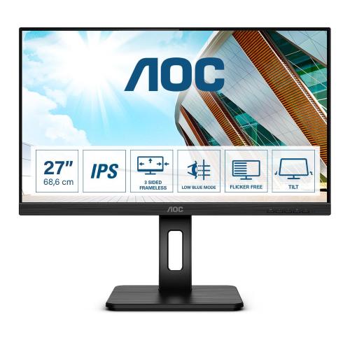 Monitor,AOC,27,16:9,IPS,1920x1080,250cd,1000:1,50M:1,4x USB 3.2 ,1x D-SUB,1x DVI,1 x 1.4x HDMI,1 x 1.2Displayport,SPEAKERS Si, Si Si,,Pivot Si,Curved no,Regolabile in altezza 150mm,Black,BEZEL 3-sided frameless