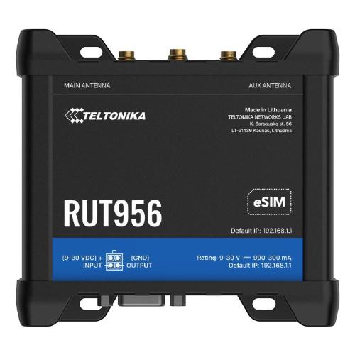 Teltonika RUT956 con e-Sim (CPU Mediatek) - LTE WLAN Router con I/O, GPS e porte RS232/RS485 per applicazioni professionali - dual SIM failover - Standard Packaging senza Din Rail Kit