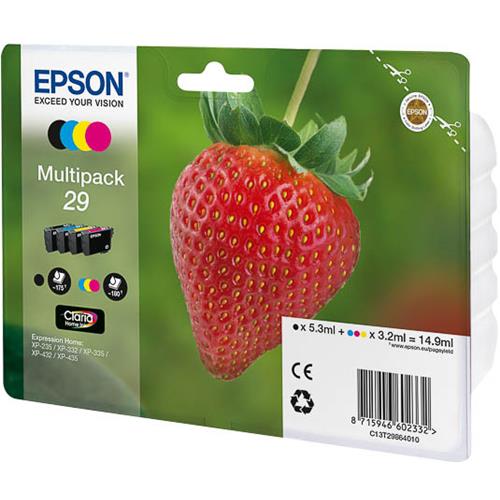 EPSON Materiale di consumo: Cartucce di inchiostro, Inchiostri Claria Home, 29, Fragole, Multipack, 1 x 3,2ÿmlÿCiano, 1 x 3,2ÿmlÿMagenta, 1 x 5,3ÿmlÿNero, 1 x 3,2ÿmlÿG - C13T29864012